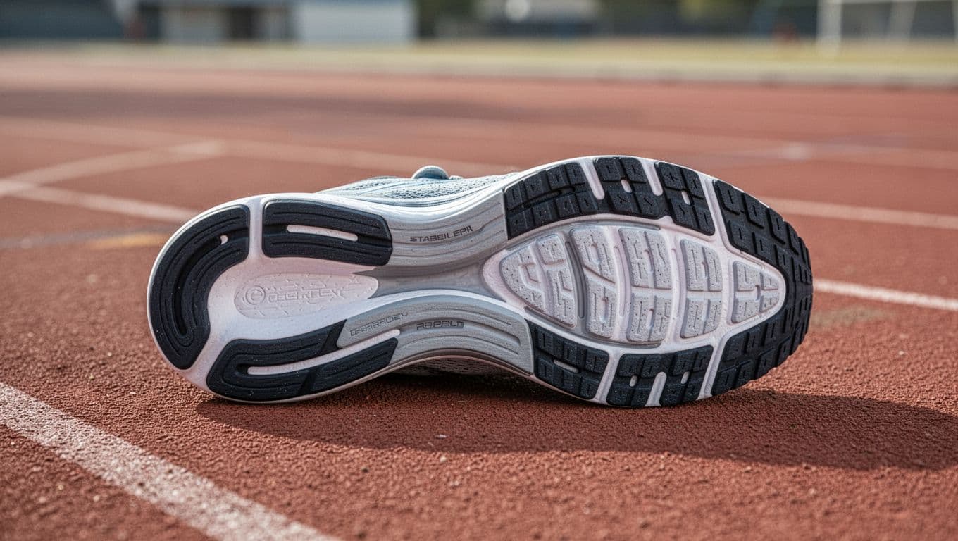 A close-up view highlights the intricate structural arch support and patterned rubber outsole of a modern athletic shoe. The footwear rests on a textured red track under soft, diffuse morning light.