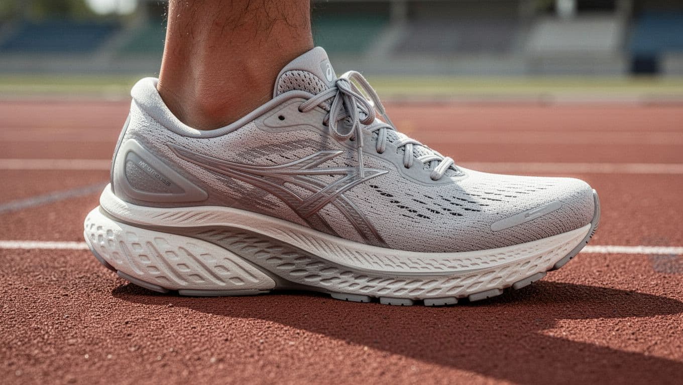 A close-up side view of a technical running shoe positioned on a textured track surface. The frame emphasizes the intricate forefoot sole design and the dense, responsive layered foam midsole construction.