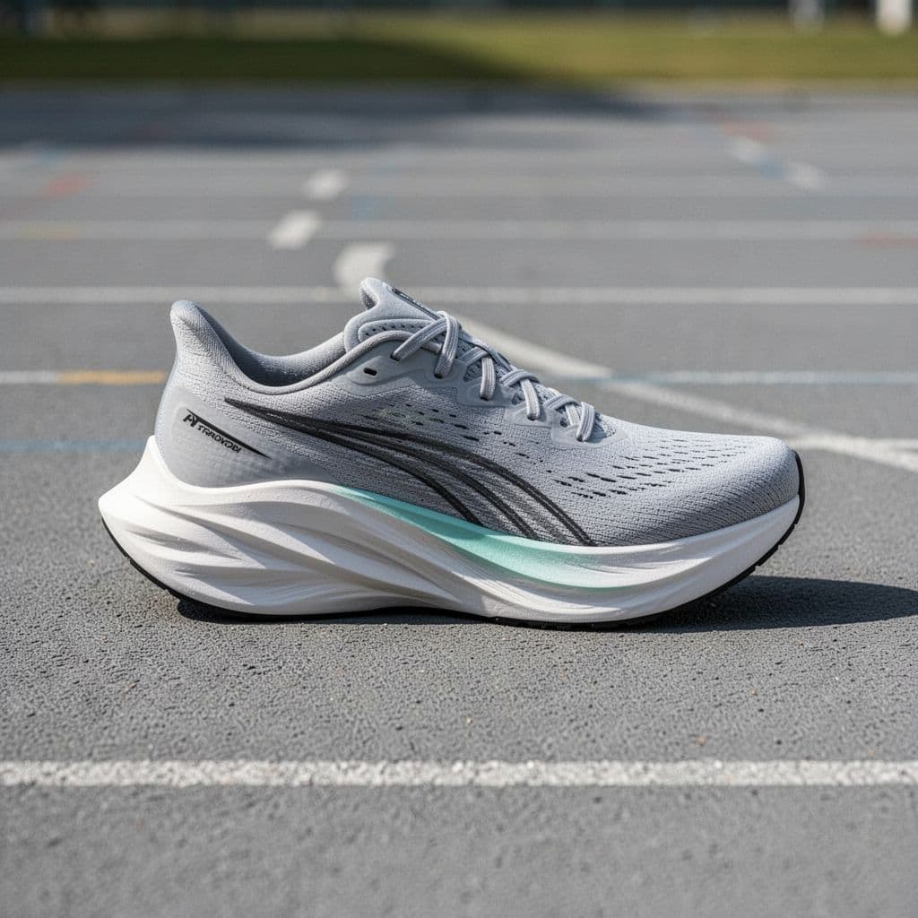 A high-performance running sneaker sits on a grey synthetic track. The thick, sculpted midsole features advanced cushioning technology, while the lightweight mesh upper texture is highlighted by crisp natural daylight.