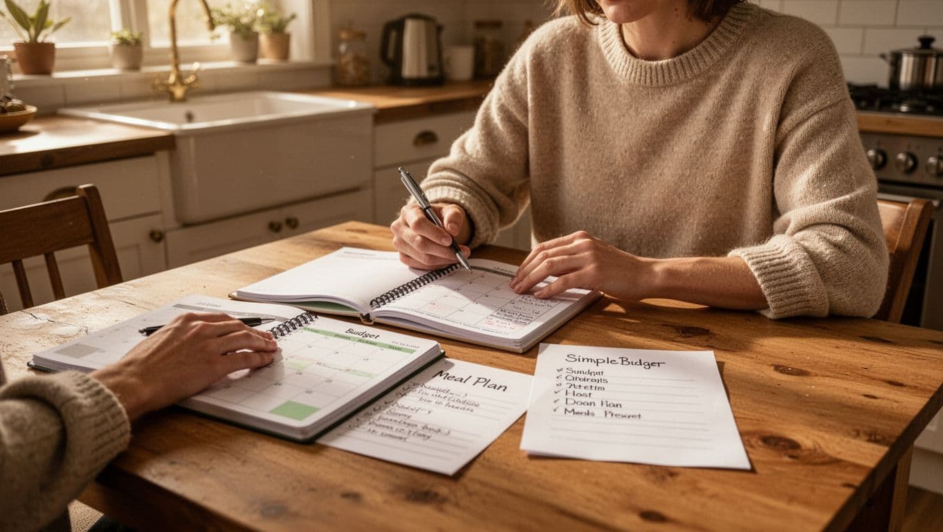 One person in casual clothes sits at a wooden kitchen table reviewing an open calendar, budget notebook, and simple meal plan list with a pen in hand. Cozy home kitchen interior illuminated by soft morning sunlight, realistic photography with warm tones.