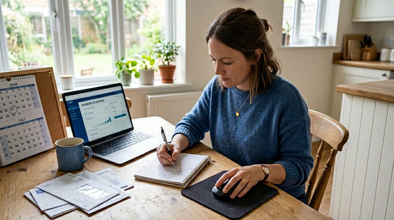 One person at a clean kitchen table calculates on a notepad with a pencil, beside an open laptop displaying a blurred banking app transfer to savings, a printed calendar with circled job search months, coffee mug, and stack of bills under morning window light.