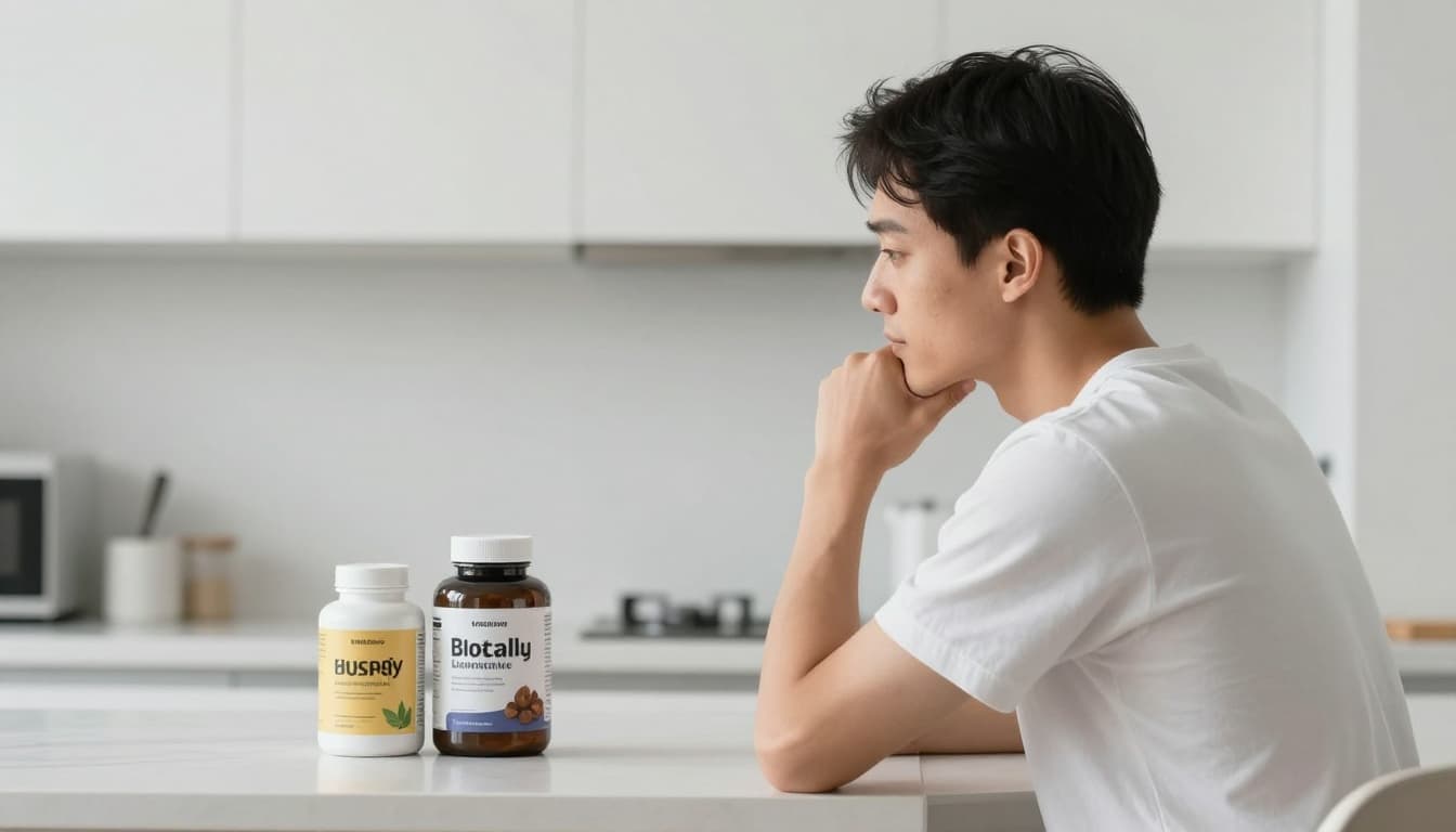 A person in a bright kitchen examines the label of a health supplement bottle.