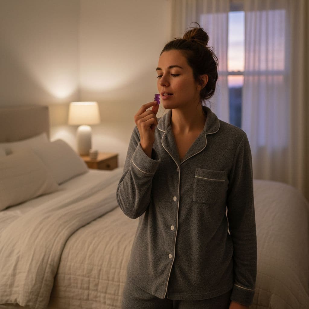 A person wearing cozy pajamas stands in a dimly lit bedroom while holding a sleep gummy.