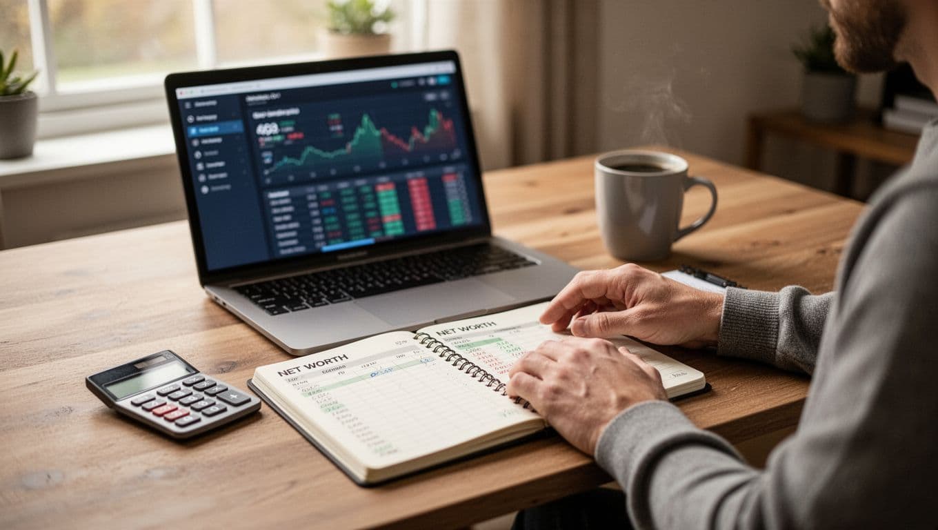 A single person seated relaxed at a home office desk with a laptop showing a blurred finance dashboard, open notebook for net worth tracking, coffee mug, and calculator nearby in a cozy room with natural daylight.