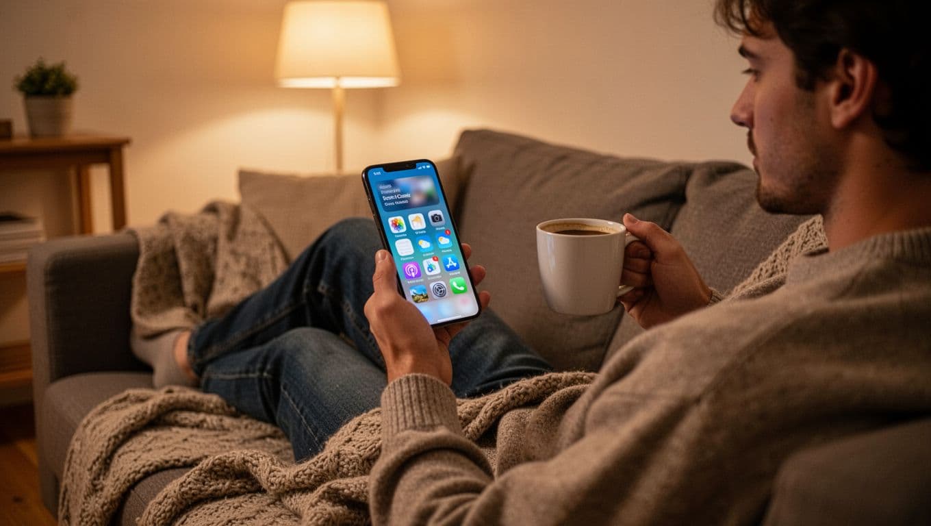One person lounges on a cozy couch holding a smartphone while reviewing apps, with a mug of coffee in the other hand, illuminated by warm evening lamp light in a simple living room.