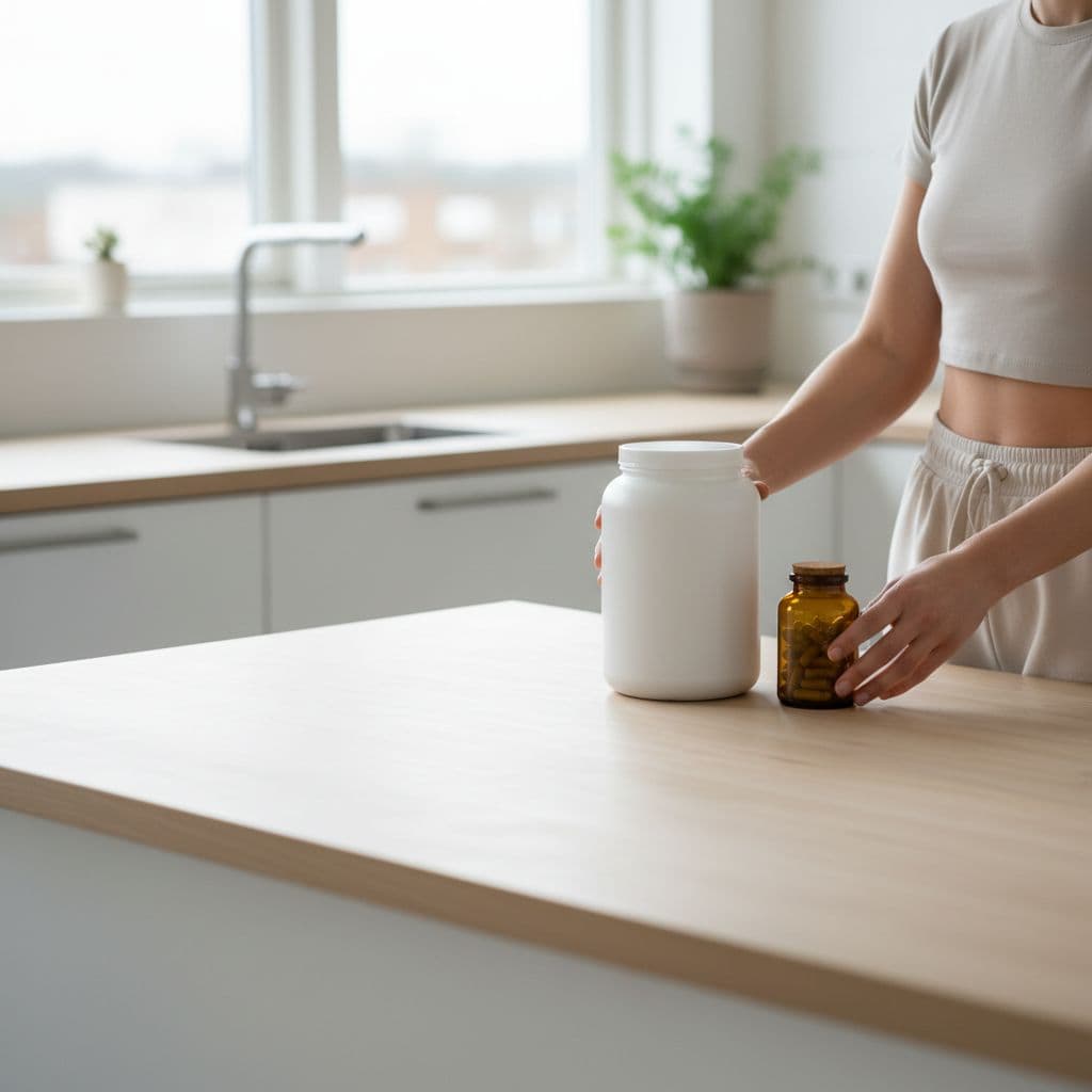 A person places protein powder container and vitamin bottle on wooden kitchen counter.