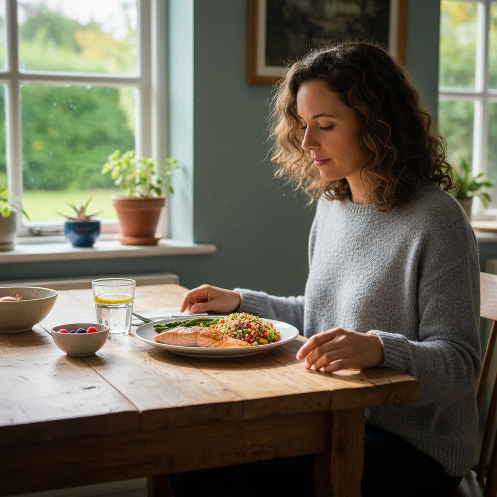 A person sits at a wooden table looking thoughtfully at a balanced meal in natural daylight.