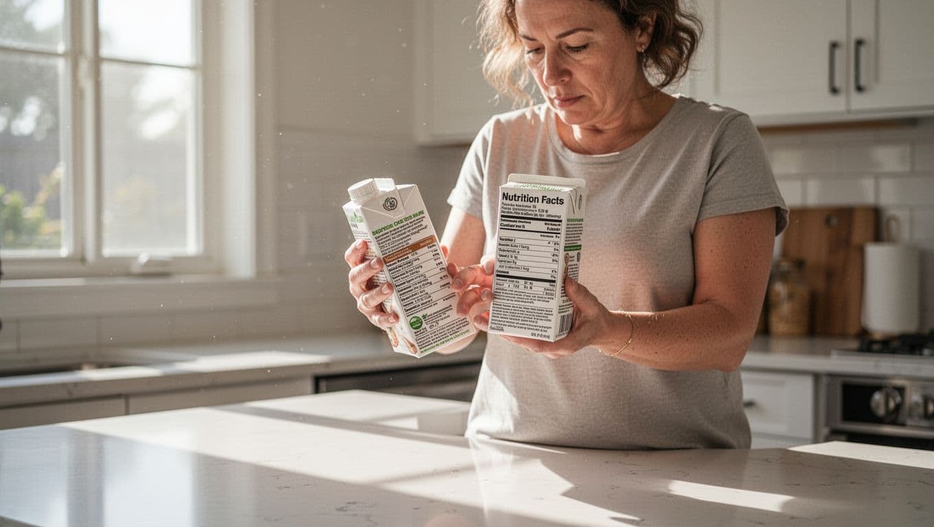 A focused person in a bright kitchen holds a meal replacement shake tub, closely reading the nutrition facts label with visible ingredients list under natural daylight on a clean counter.