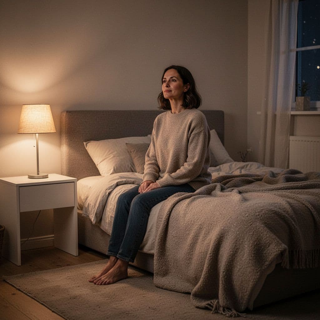 A person sits on the edge of a bed in a dimly lit, peaceful bedroom at night.