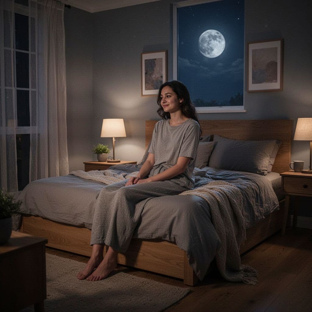A calm person sits on the edge of a bed in a softly lit, quiet bedroom at night.