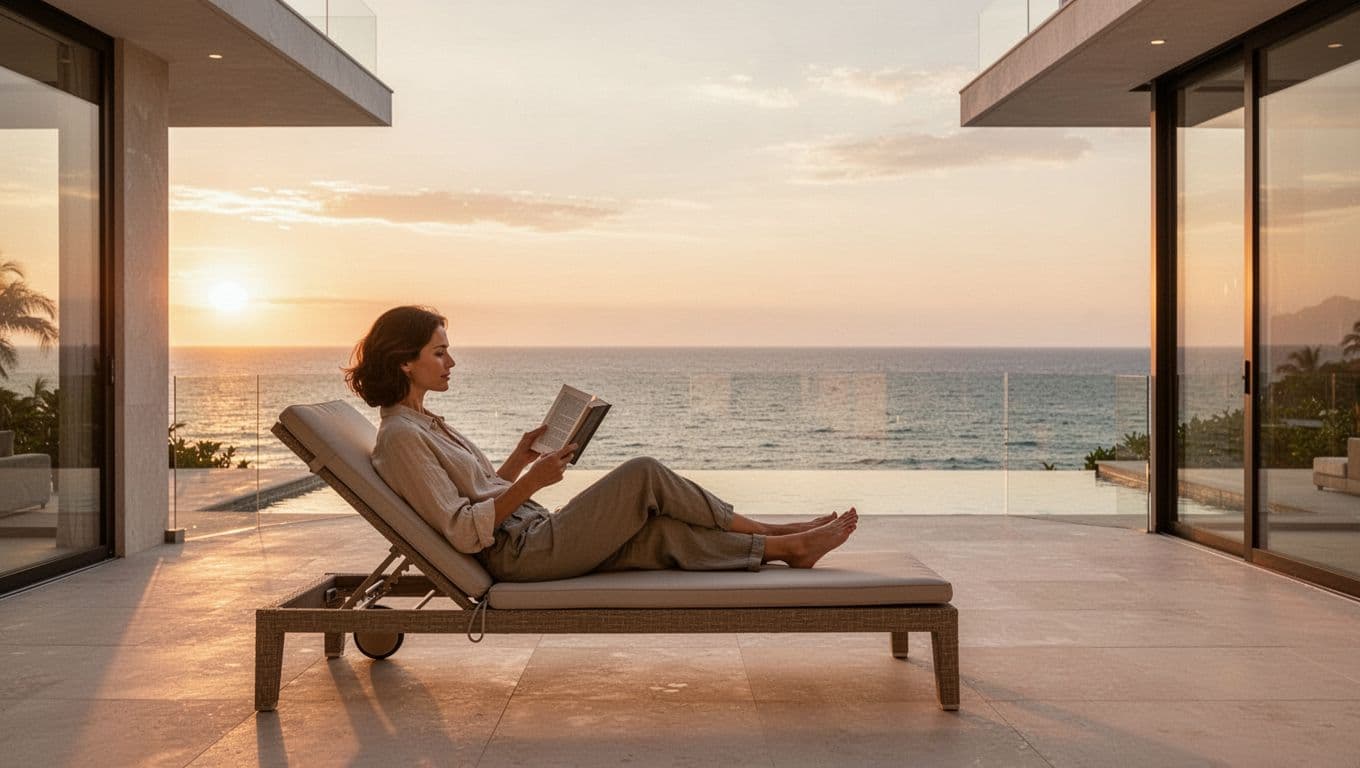 One person relaxes in a lounge chair on a spacious terrace of a luxury modern home, overlooking a calm ocean at sunset, holding a book in casual elegant attire with feet up.