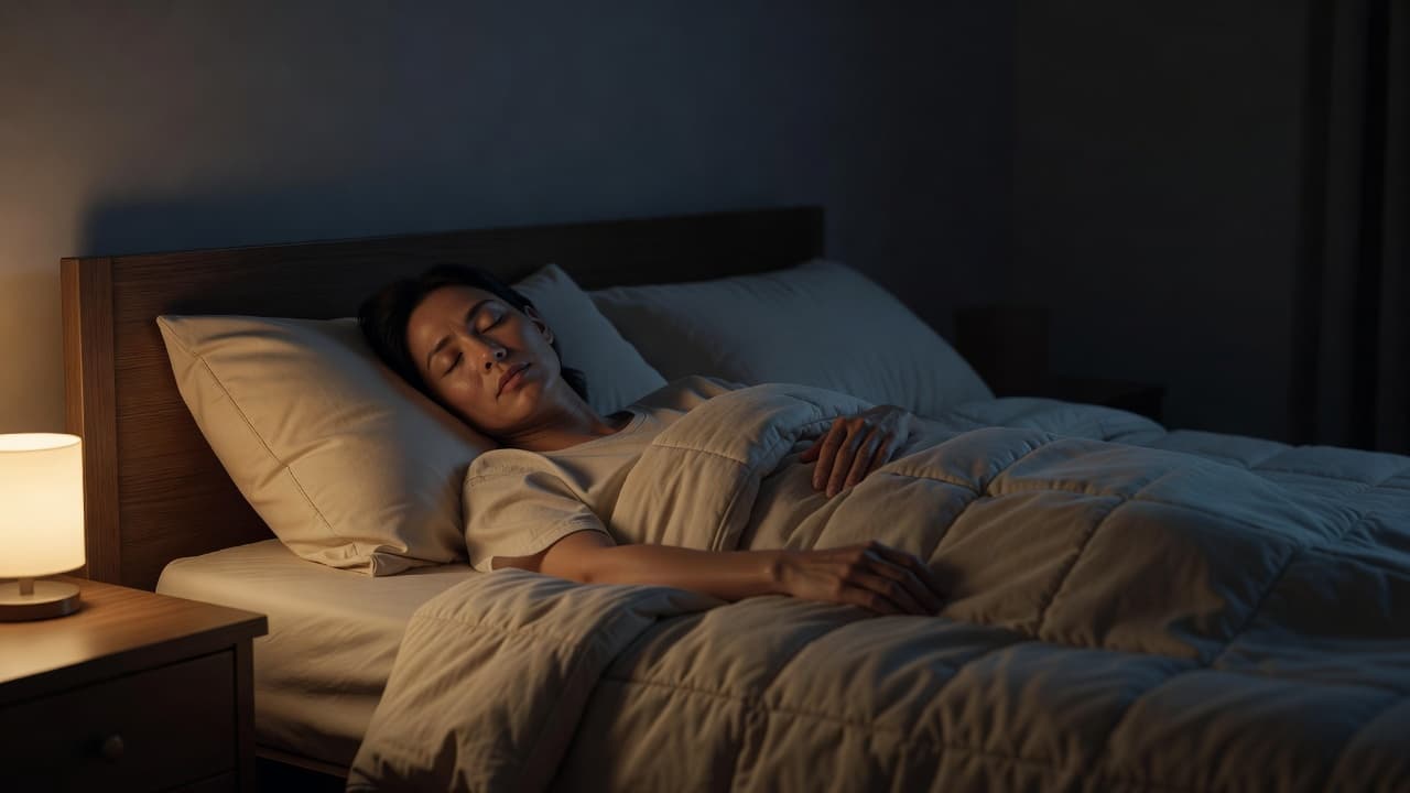 A person lies comfortably under soft blankets in a dimly lit bedroom at night. Warm ambient light glows against the headboard, highlighting the peaceful expression and serene atmosphere of the room.