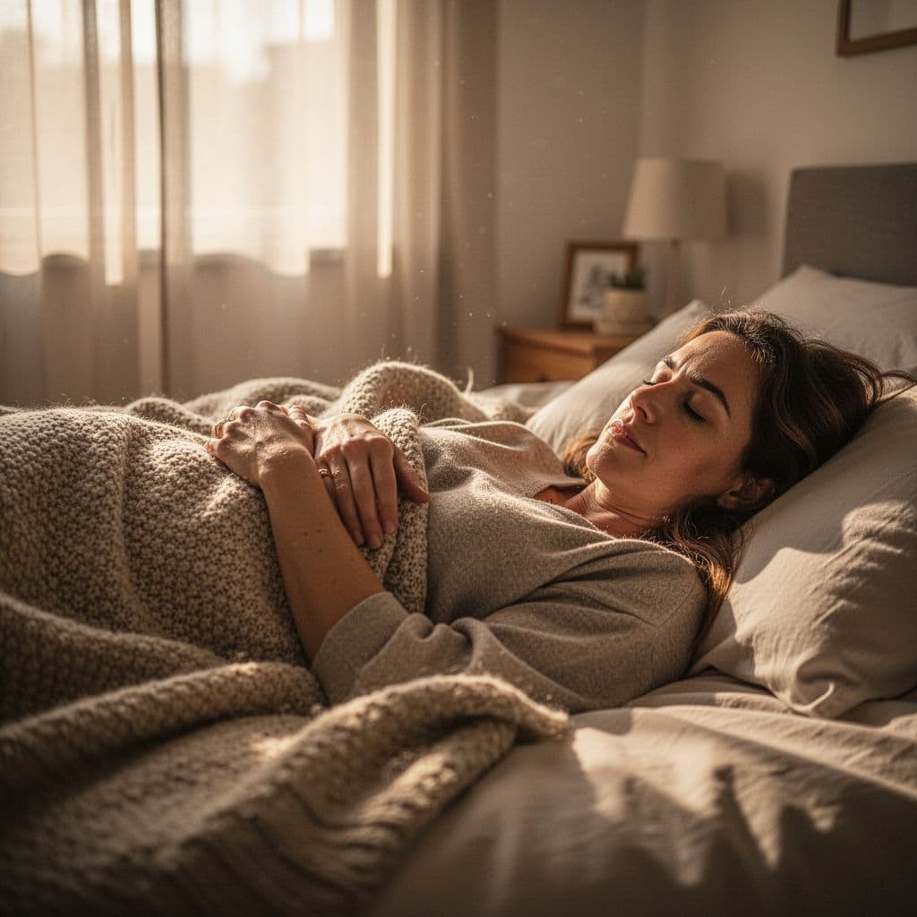 A person rests comfortably in a softly lit bedroom with morning light filtering through curtains.