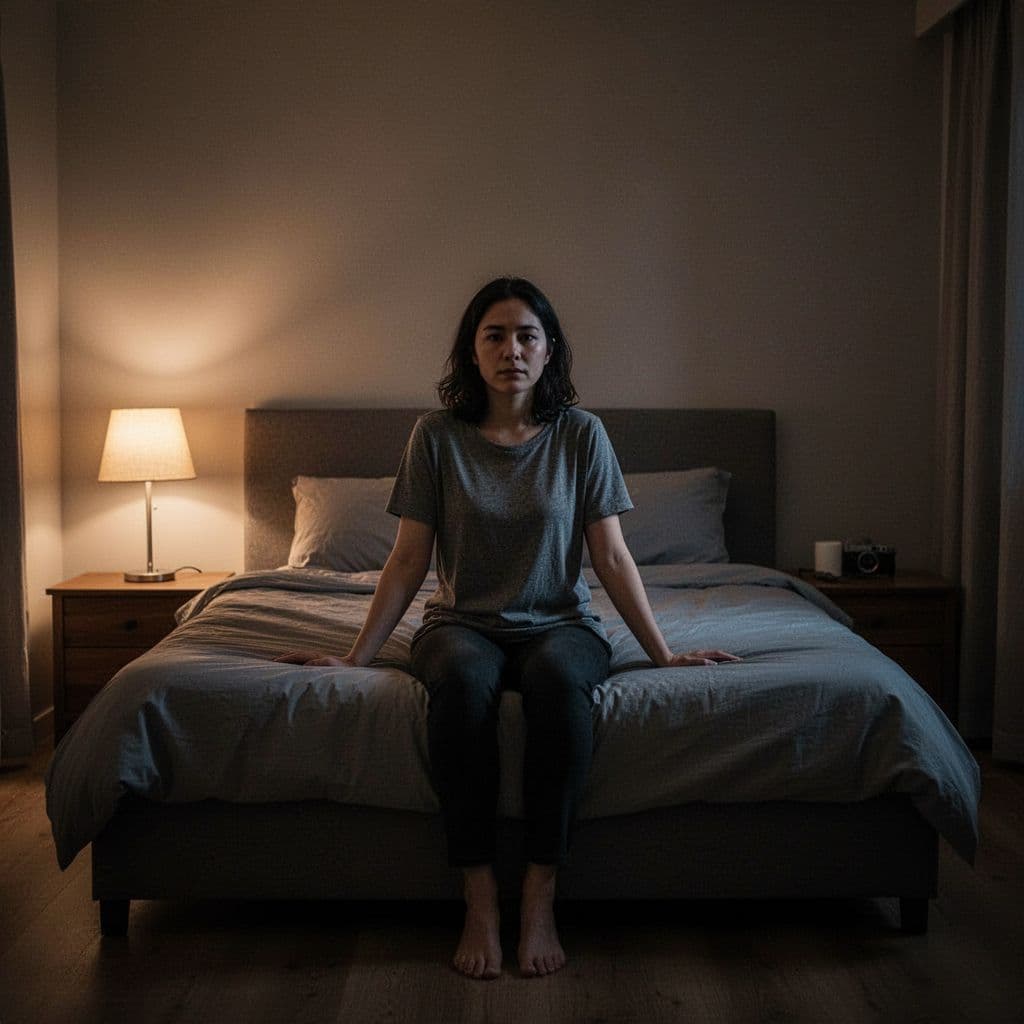 A person sits calmly on the edge of a bed in a softly lit, quiet bedroom at night.
