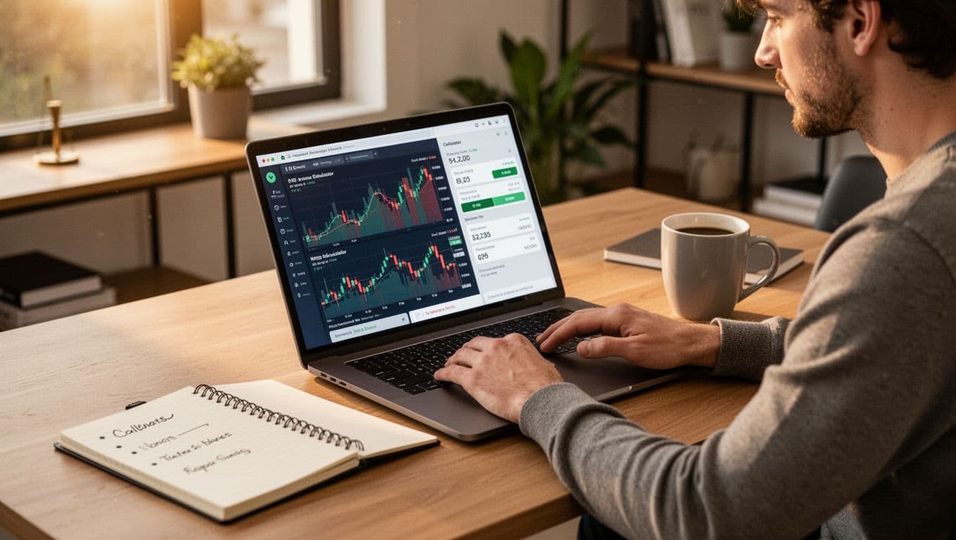 A single individual in a modern home office intently reviews FIRE calculator inputs on an open laptop displaying abstract financial charts, with a notebook and coffee mug nearby, bathed in warm afternoon light.