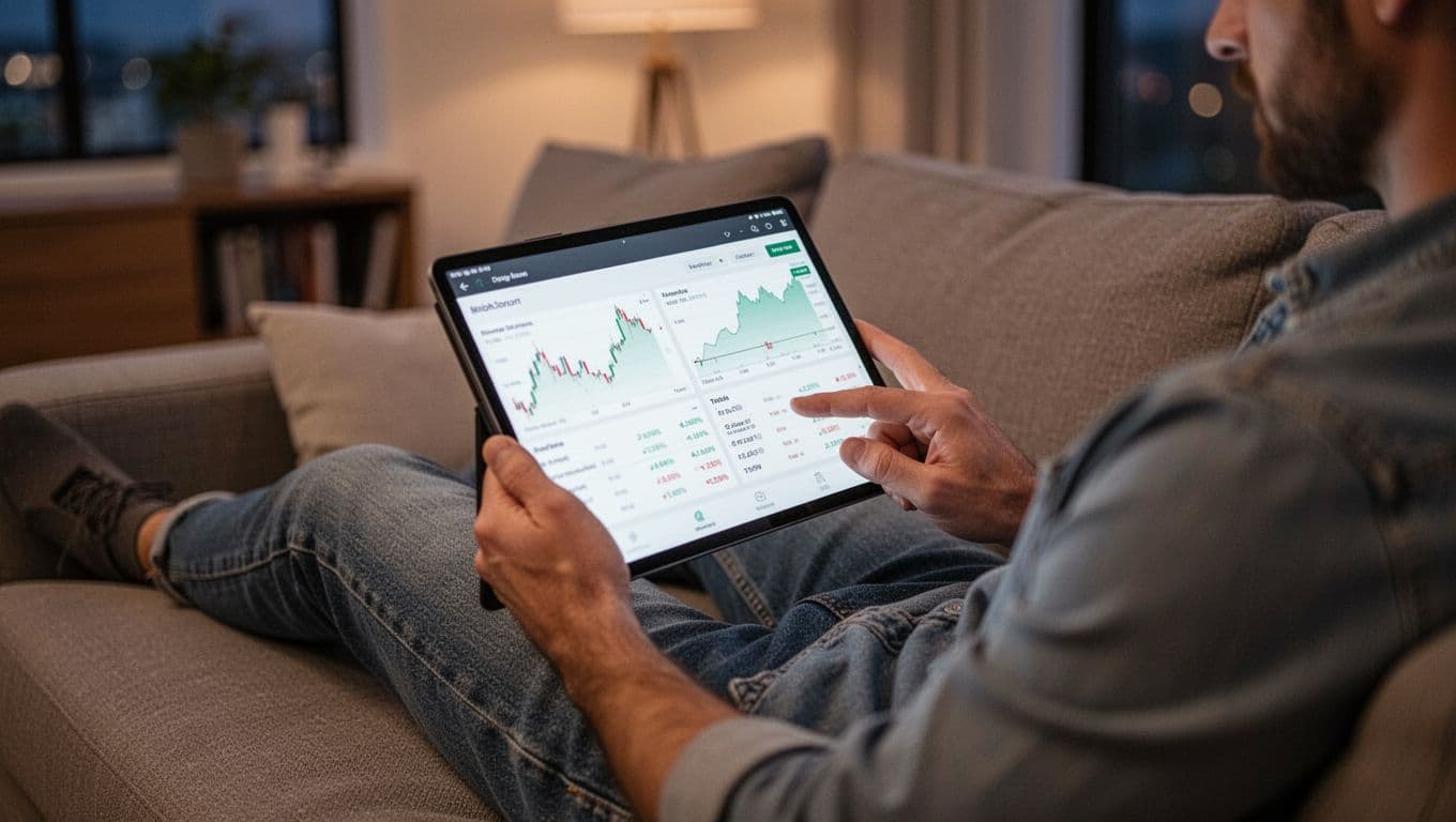 One person in casual clothes reviews a brokerage portfolio on a blurred tablet screen held at an angle, sitting relaxed on a modern living room couch in soft evening light, photorealistic style.