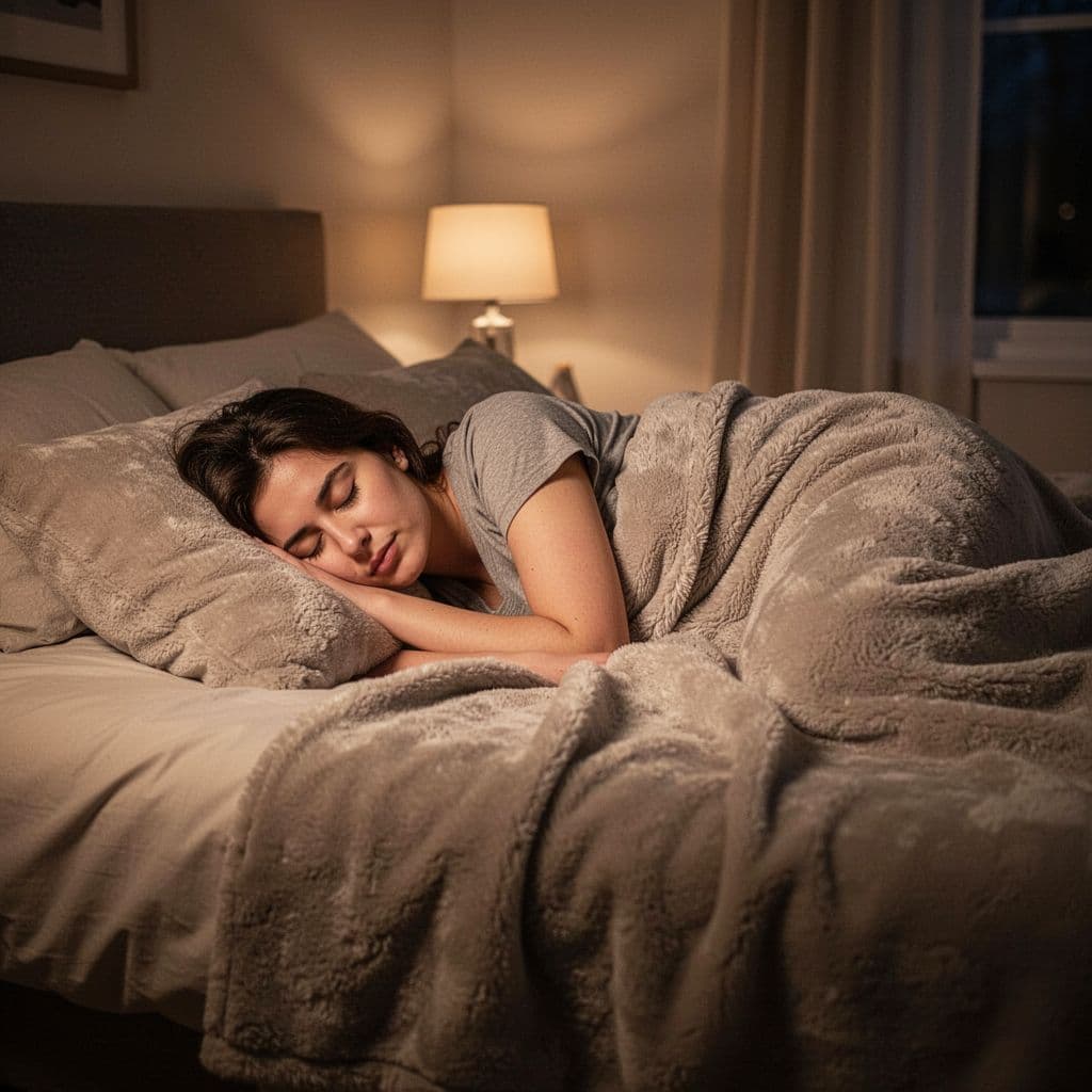 A person rests deeply in a cozy bed within a dimly lit bedroom.