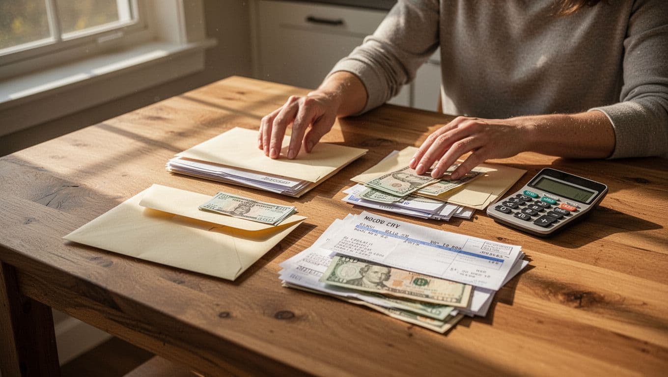 A single person sits at a wooden kitchen table, sorting monthly bills and cash into two neat piles using plain envelopes, with a simple calculator nearby. Morning sunlight streams through the window, casting soft shadows in a realistic photography style with warm natural tones and focus on relaxed hands.