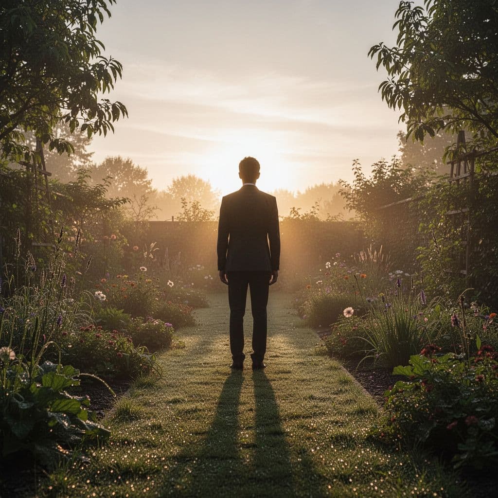 A silhouette of a person stands in a lush garden during the soft light of sunrise.