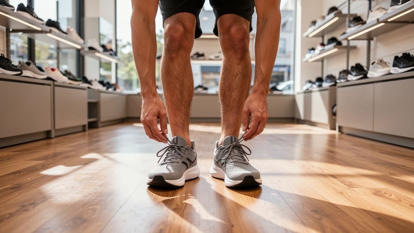 A customer sits in a brightly lit athletic store, lacing up a pair of grey running shoes to check the fit. The camera focuses closely on the footwear against the floor.