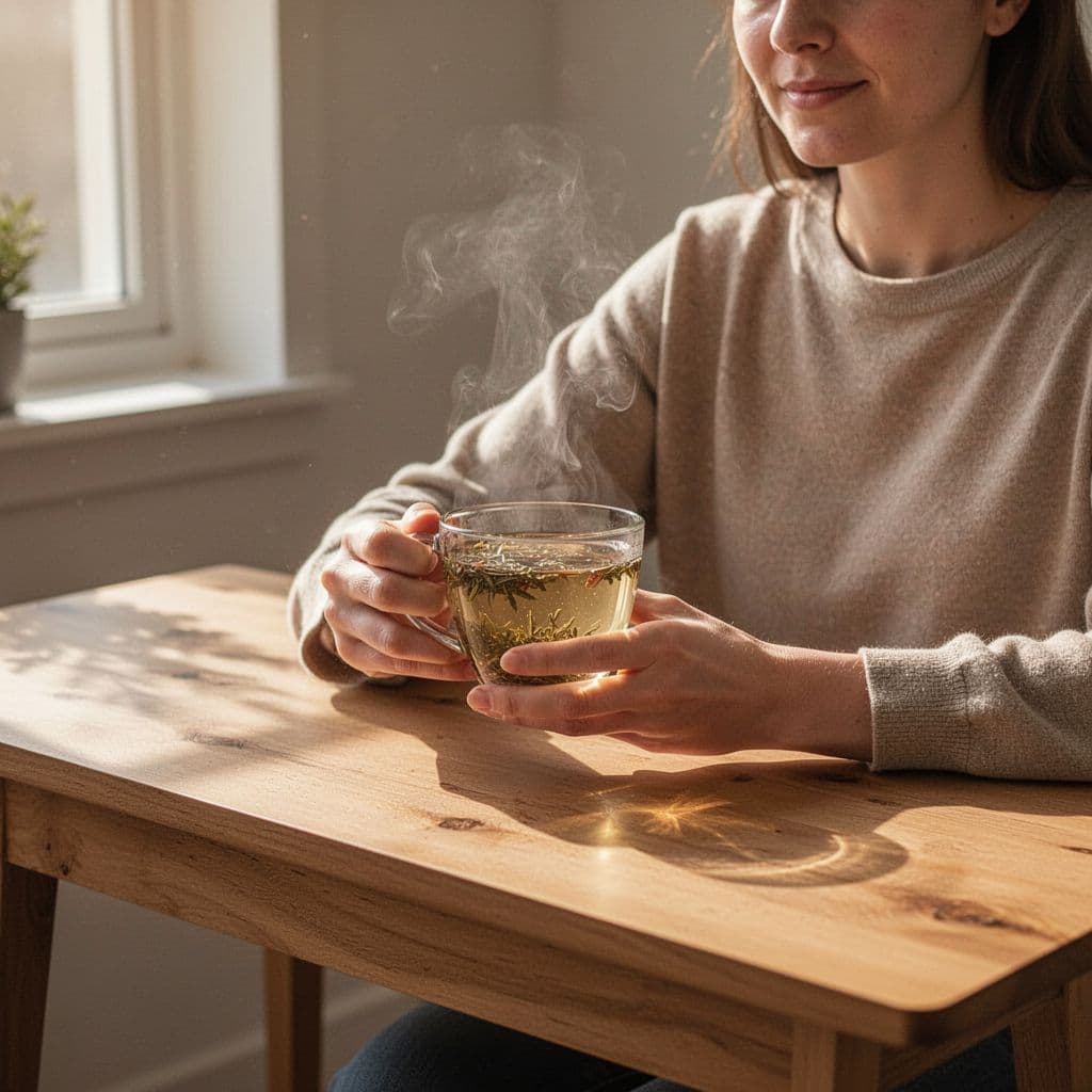 A person sits at a clean wooden desk with a steaming mug of tea in natural light.