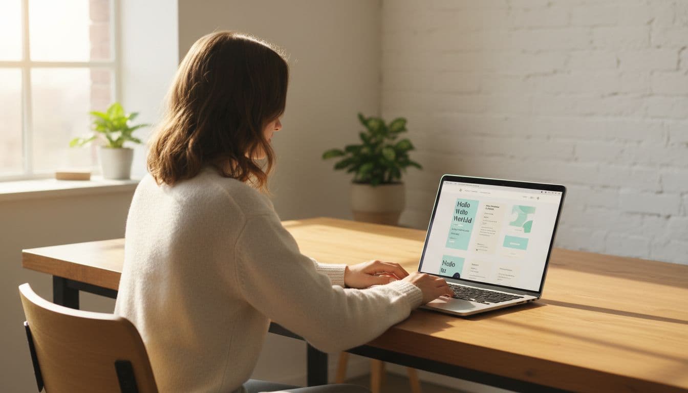 A single person sits relaxed at a wooden desk in a bright home office with a laptop open to a simple personal blog homepage, hands on keyboard under warm natural window light.
