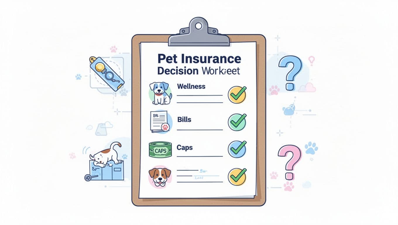 Clean flat line art illustration of a clipboard holding a pet insurance decision worksheet with simple icons for wellness, bills, caps, checkmarks, and question marks on a white background with bright pastel colors.