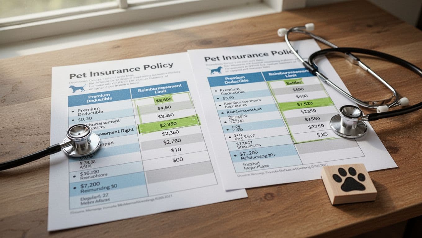 Close-up of two side-by-side pet insurance policy comparison charts on paper, one highlighted as better, next to a stethoscope and dog paw print stamp on a wooden desk with soft natural daylight.