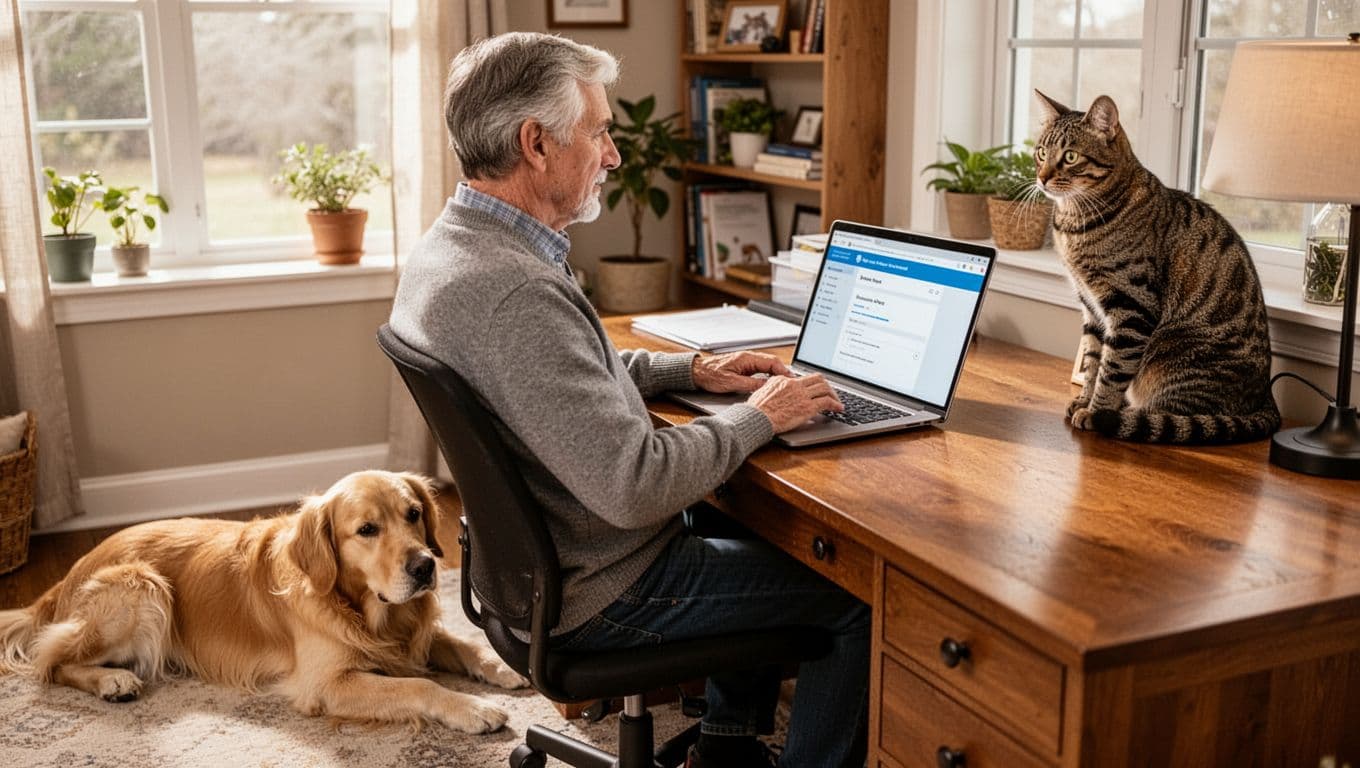 A middle-aged pet owner sits at a wooden desk in a cozy home office, reviewing pet insurance on a laptop with a golden retriever on the floor and tabby cat nearby.
