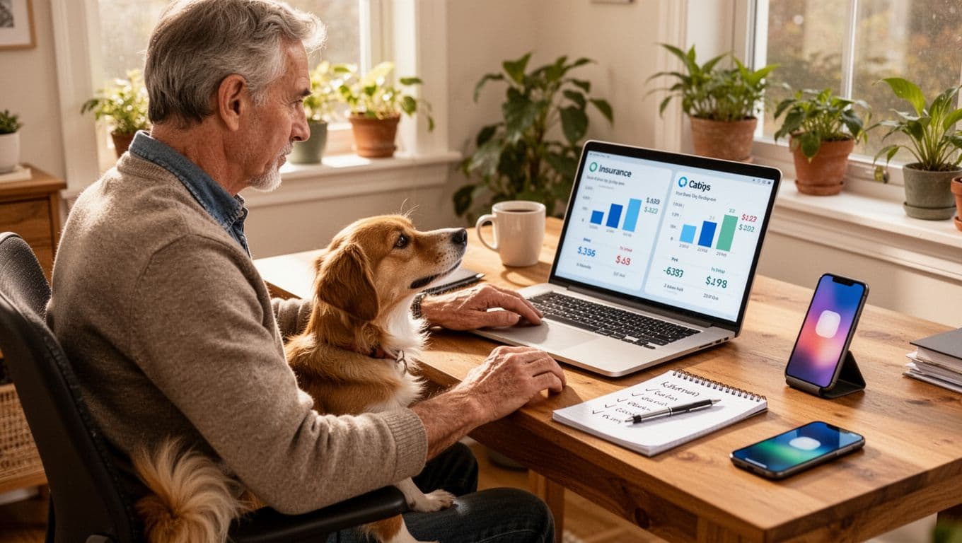 Middle-aged pet owner focused on laptop displaying abstract pet insurance comparison charts in a bright cozy home office, with friendly dog sitting attentively beside, warm natural light.