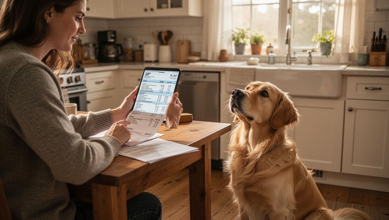 A pet owner at a home kitchen table photographs an itemized vet bill using a smartphone, with a golden retriever dog sitting nearby on the floor looking up, bathed in cozy morning light through the window.