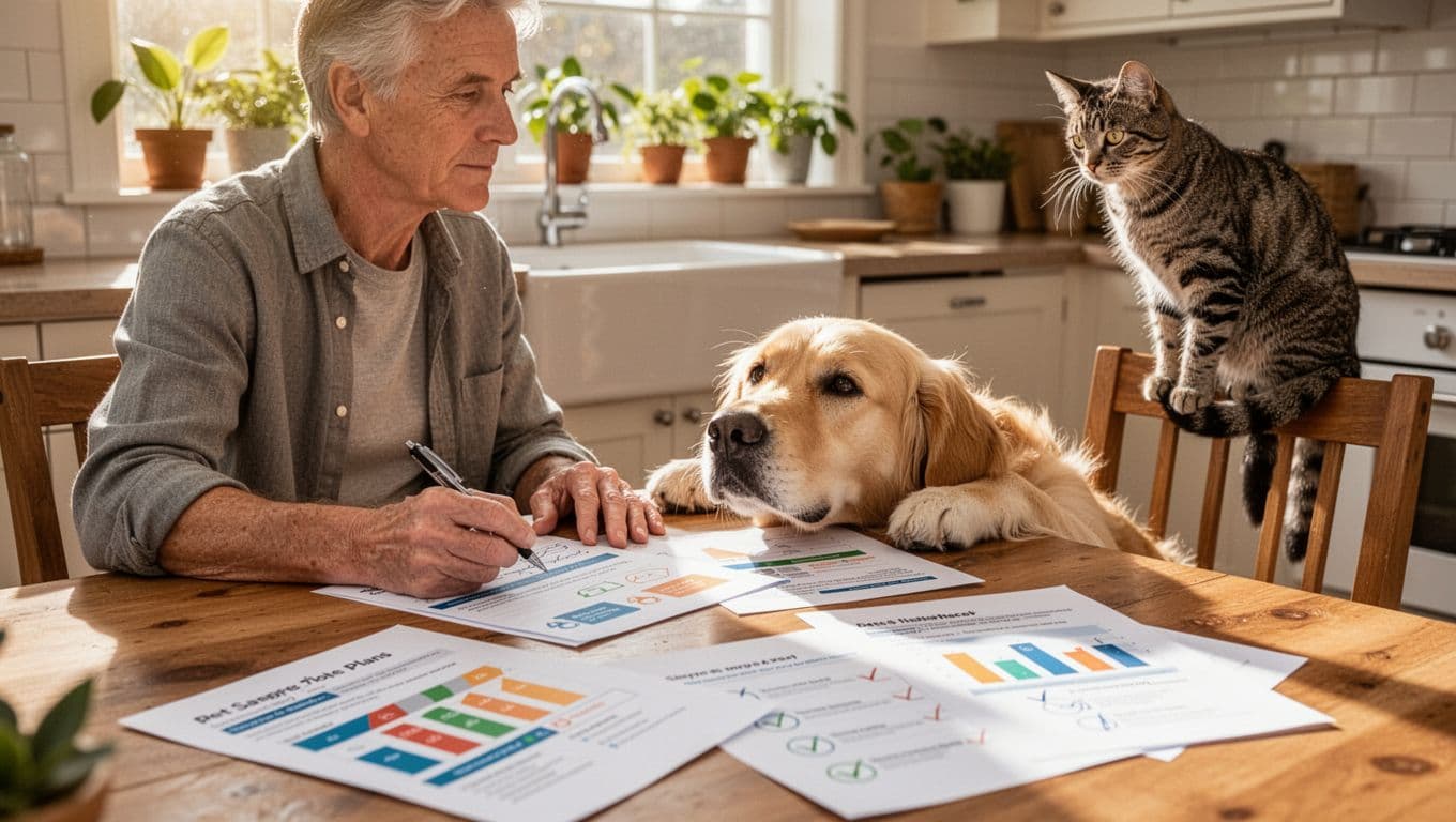 A middle-aged pet owner sits at a sunlit wooden kitchen table, carefully reviewing printed pet insurance comparison charts with a pen, while a golden retriever rests its head on the table and a gray tabby cat watches from a chair.