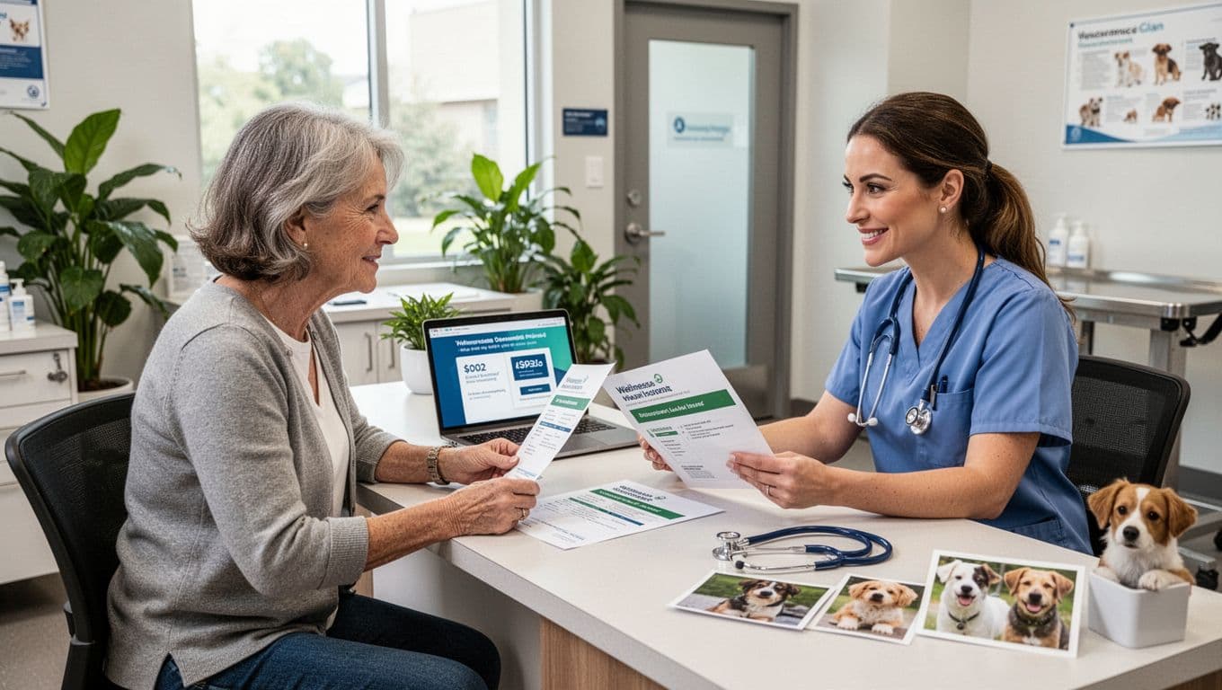 A middle-aged female pet owner in casual clothes sits across from a friendly female veterinarian in scrubs at a clinic desk, both reviewing printed pet wellness and insurance plan documents together. The bright modern vet office features plants, an exam room door, a laptop with quotes, stethoscope, and pet photos.
