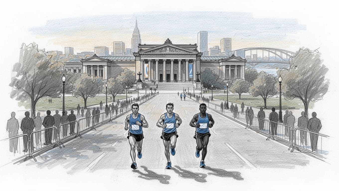 Three runners follow Philadelphia's Parkway toward the Museum of Art.