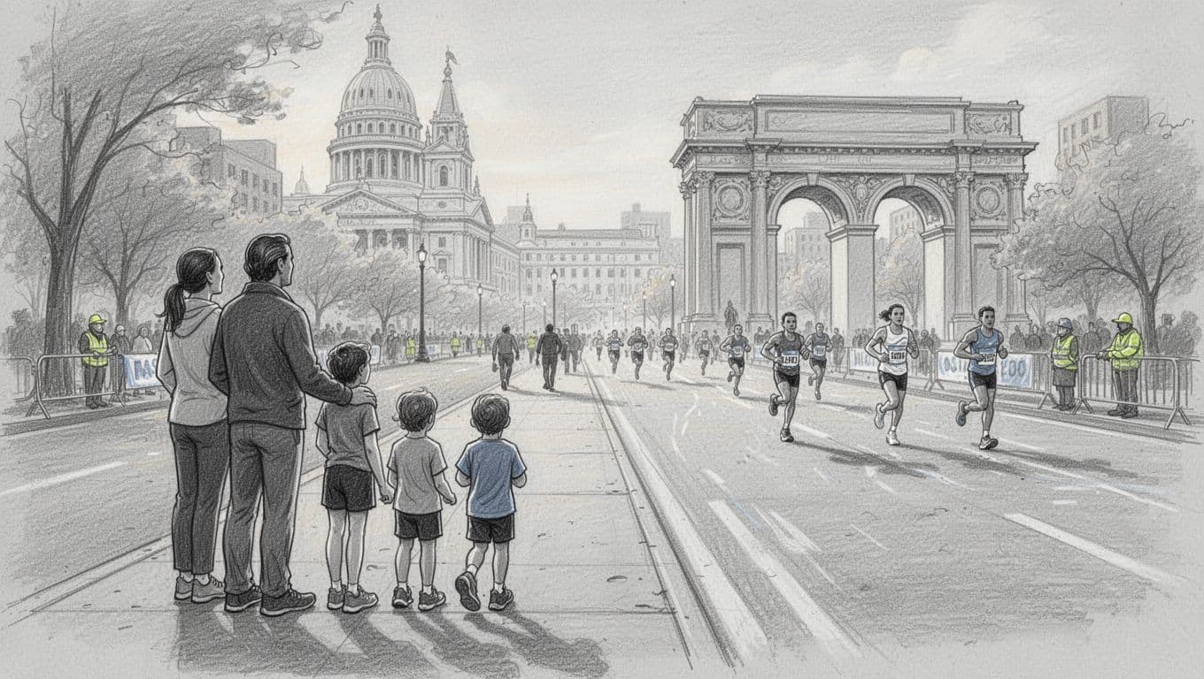 Two adults and two children watch runners along Philadelphia's Parkway.