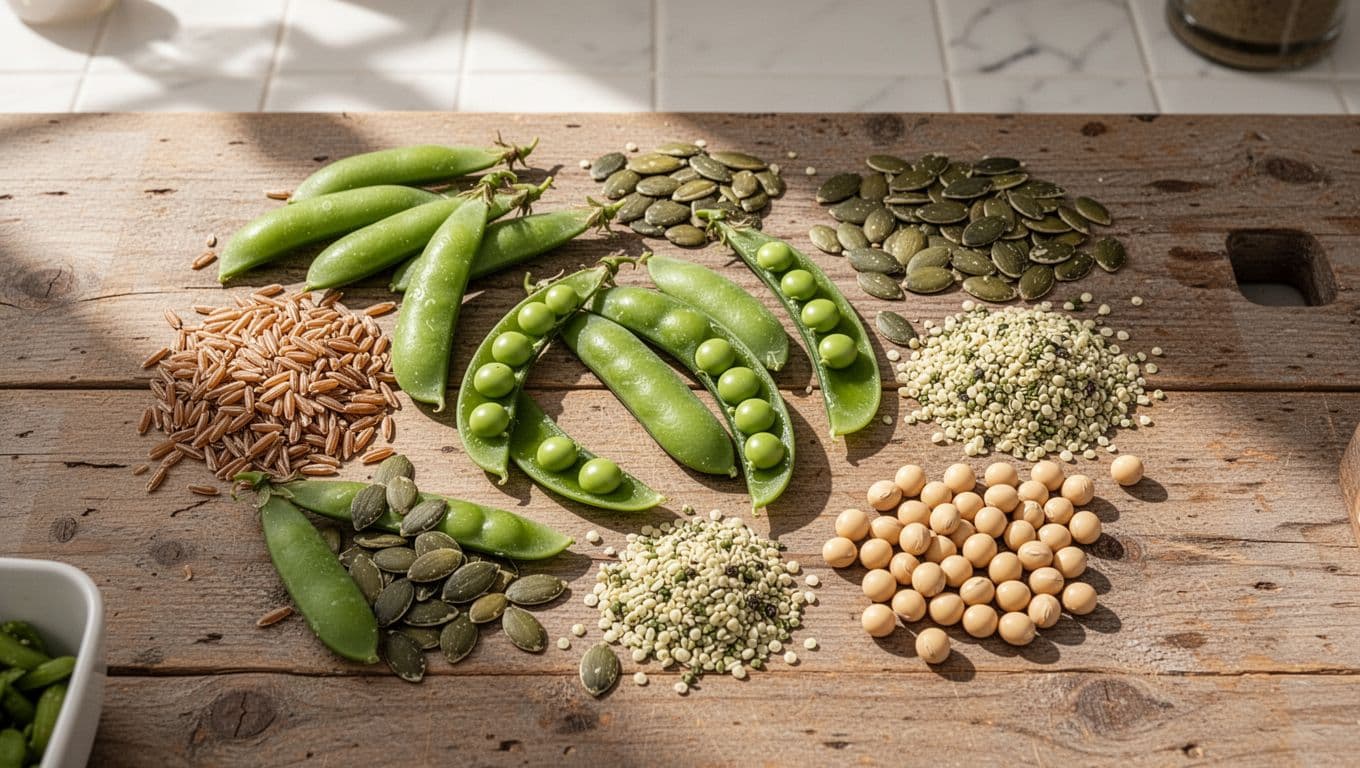 Top-down photorealistic view of plant-based protein sources including green pea pods, brown rice grains, pumpkin seeds, hemp seeds, and soybeans on a rustic wooden surface in a sunlit kitchen. Ideal visualization of key runner fuel ingredients with natural lighting.