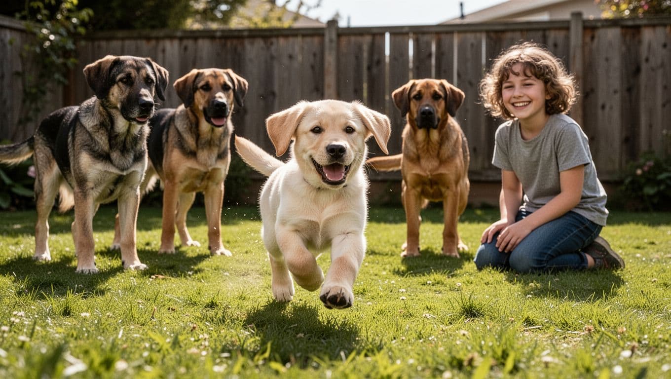 A playful young Labrador puppy runs happily in a sunny backyard with two older dogs watching nearby and one smiling child kneeling to observe, set against green grass and a fence in bright natural daylight.