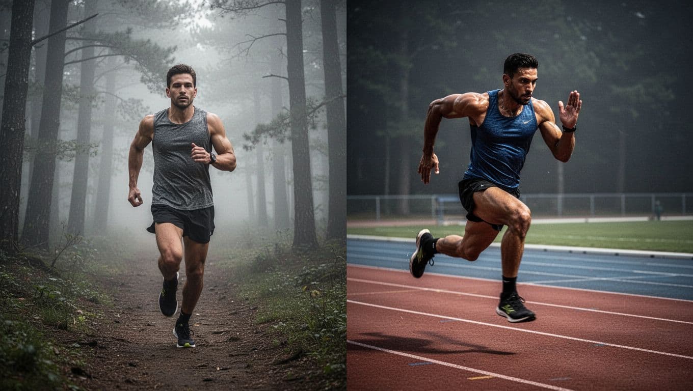 A split composition displays an athlete jogging through a misty forest path on the left, contrasted with the same runner performing a high-intensity sprint on a professional running track, right side.