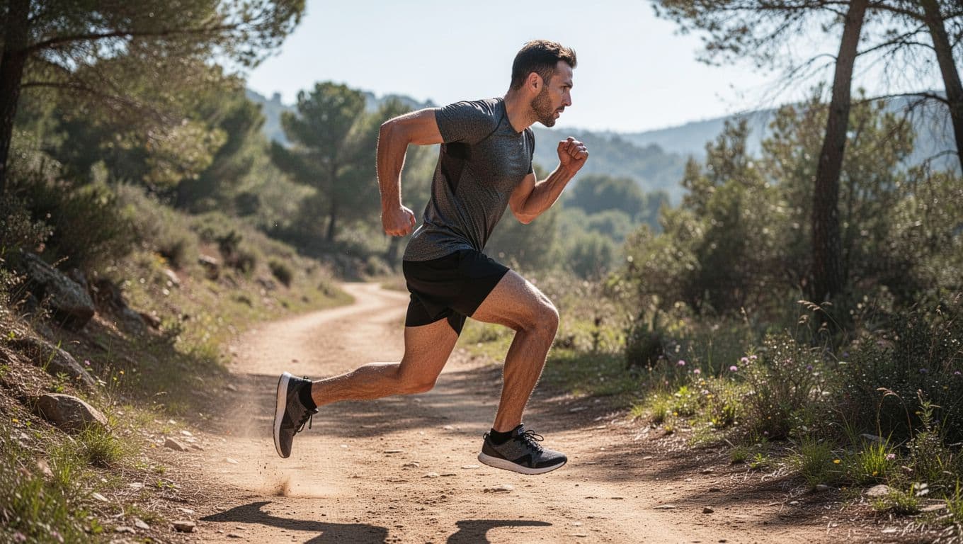 Side profile of a runner mid-stride on a sunny trail path showing poor running posture including forward poked head, slumped shoulders, tight arms, sagging hips, and heavy heel striking with overstride.