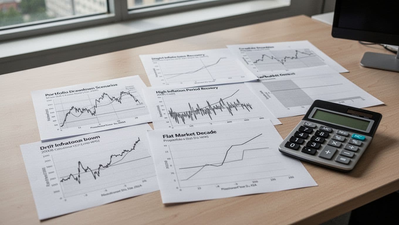Simple line charts on paper illustrate portfolio drawdown scenarios including the 2008 crash, recovery, high inflation, and flat market periods, arranged on an office desk beside a calculator under natural window light. Realistic photo composition with no text, labels, people, or borders.