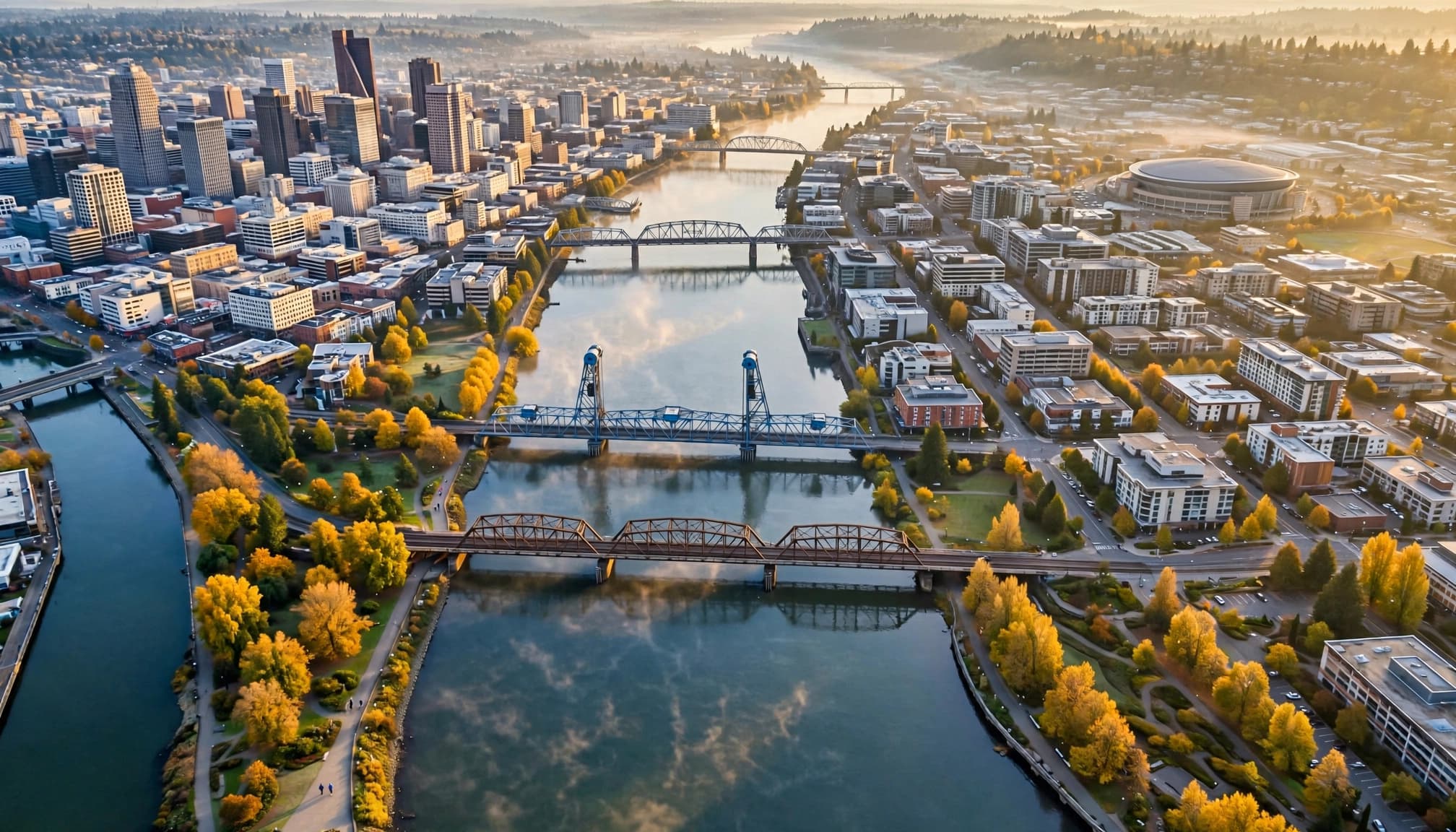 Aerial view of Portland, the Willamette River, bridges, waterfront paths, and two runners.