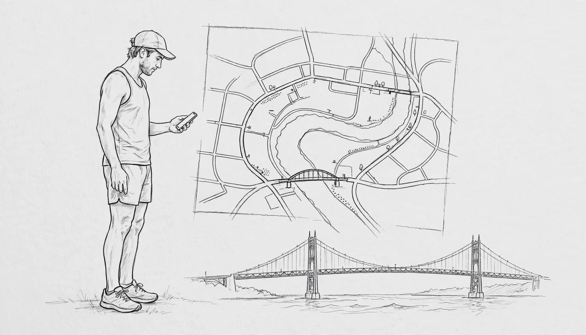 A runner stands beside a Portland race map and bridge silhouette with a phone at their side.