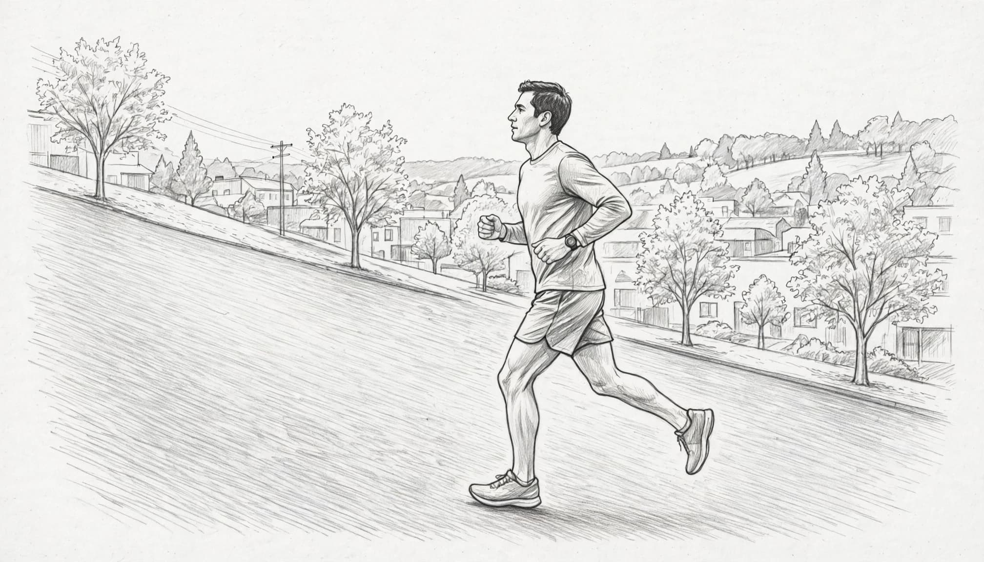 A lone runner moves uphill along a quiet Portland street.