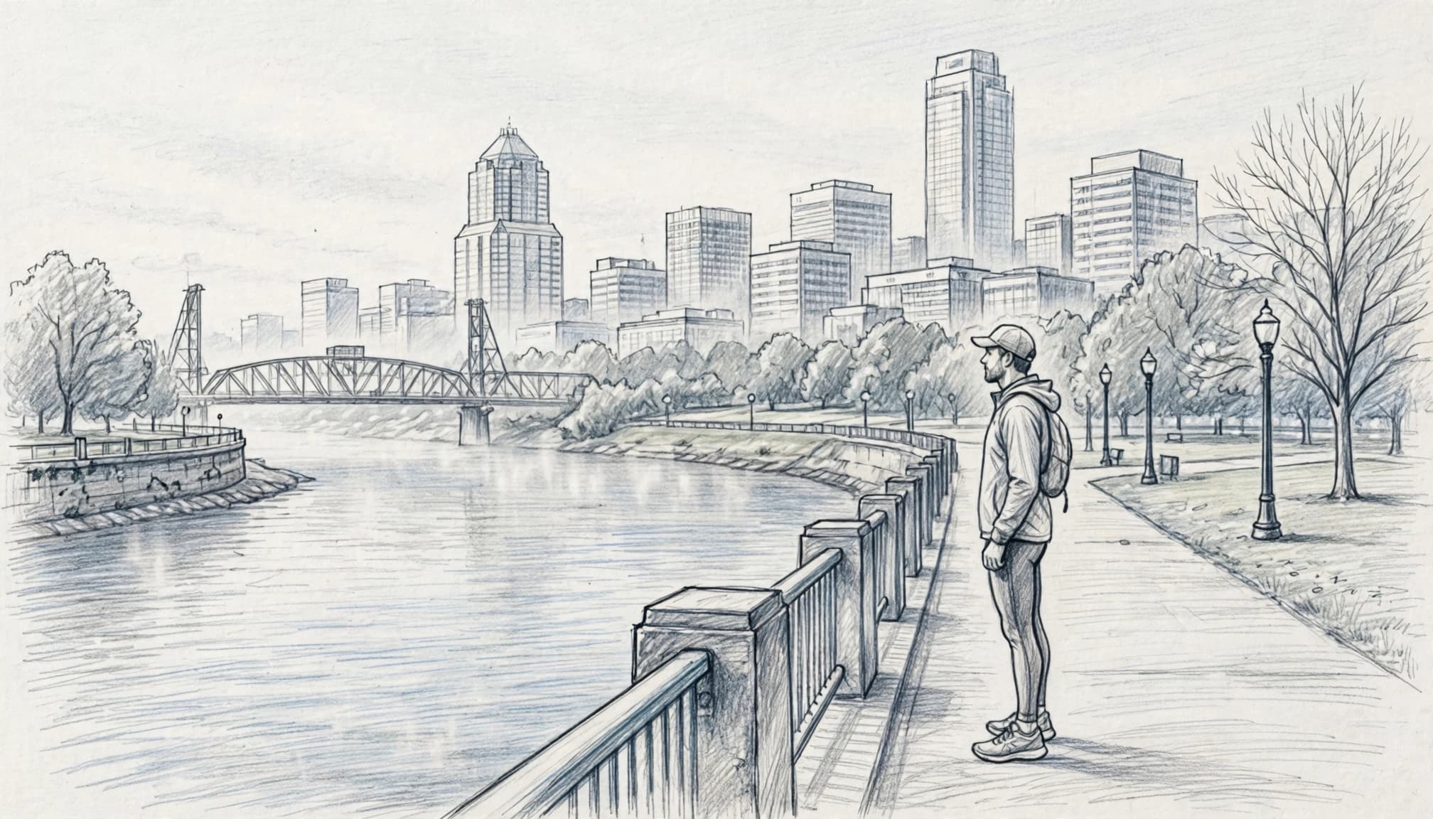 A lone runner stands beside Portland's riverfront promenade before sunrise.