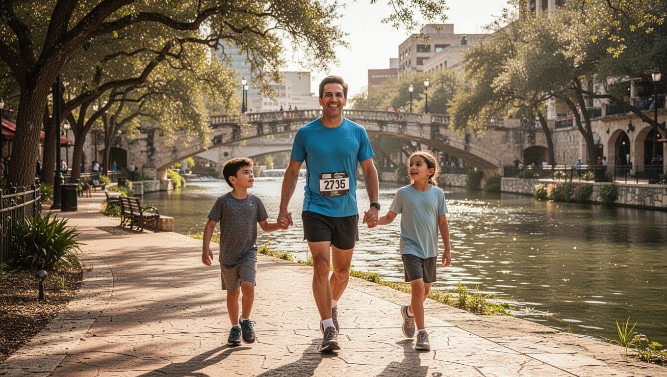 A small family of three, featuring a tired yet happy runner parent in casual post-race attire, walks slowly and relaxed along the sunny San Antonio River Walk with river, trees, and bridges in the background, capturing a family-friendly low-key recovery vibe.