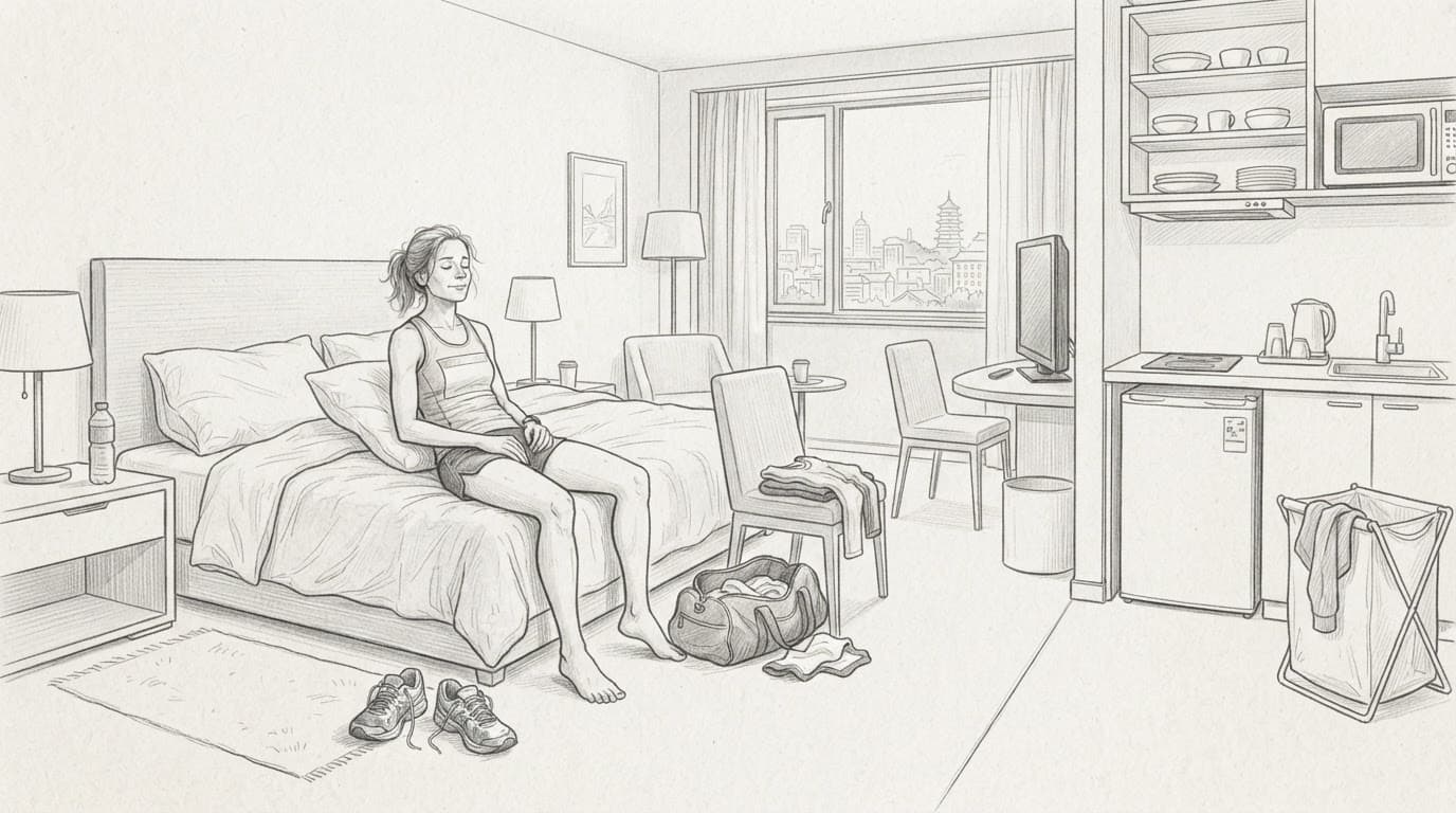 A tired runner rests in a bright hotel room with shoes and folded clothes nearby.