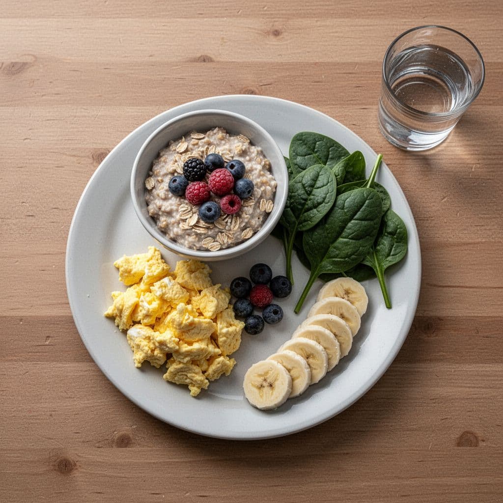 Top-down photorealistic view of a simple post-workout breakfast on a wooden table with scrambled eggs, oatmeal with berries, sliced banana, spinach, and water.