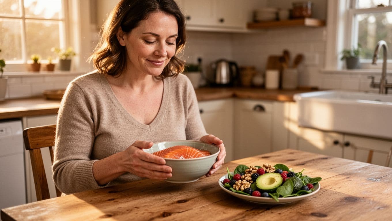 A relaxed new mother in her 30s sits in a cozy home kitchen beside a bowl of salmon, walnuts, berries, avocado, and spinach salad on a wooden table, bathed in warm natural morning light, emphasizing her serene expression and nutritious postpartum recovery foods.