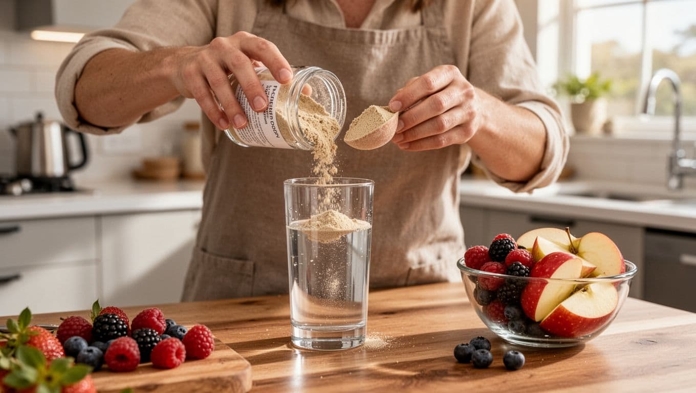 One person in a modern kitchen pours beige fiber supplement powder from a jar into a tall glass of water on a wooden counter, with fresh berries and apple slices nearby in morning sunlight.