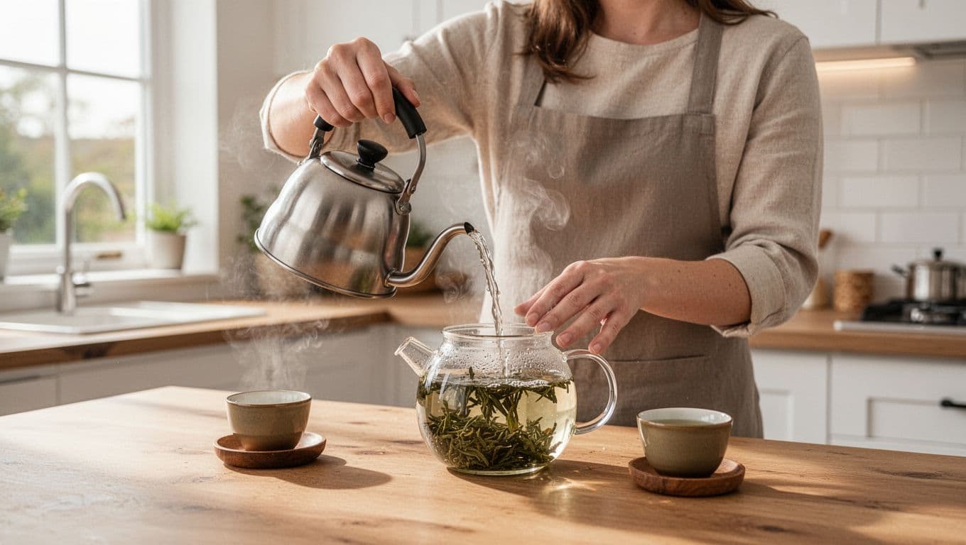 One person in a bright modern kitchen pours hot water from a gooseneck kettle into a clear glass teapot filled with loose green tea leaves, with gentle steam rising under natural morning daylight.